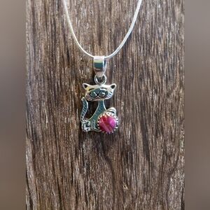 Silver Cat Pendant Necklace with Pink Dahlia Stone